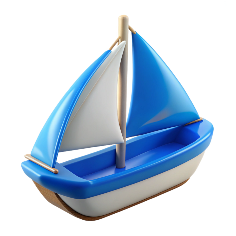 energetic captivating Blue sailboat, white sails, wooden hull, studio lighting, side view, product shot, isolateon transparent background,high-resolution product photography expertly shot png