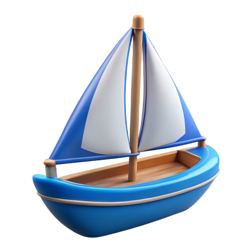 exquisite artistic Blue sailboat, white sails, wooden hull, studio lighting, side view, product shot, isolateon transparent background,high-resolution product photography precision png