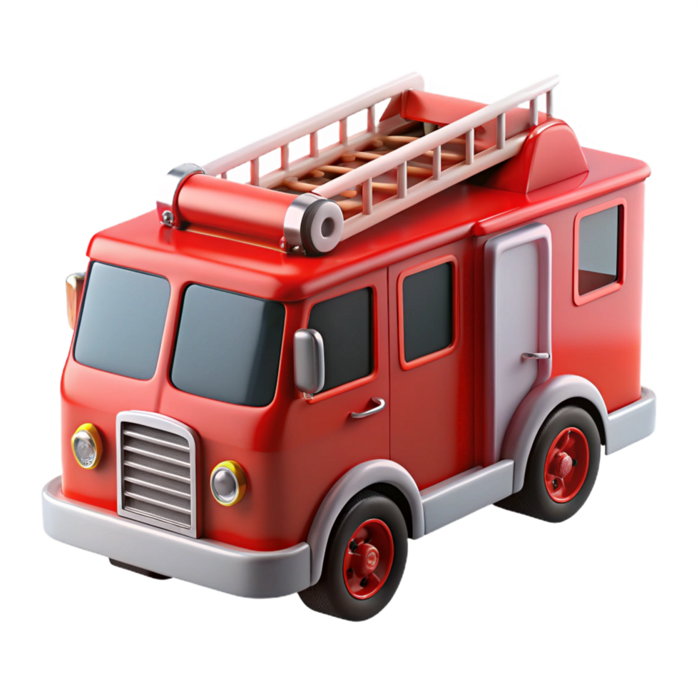 playful striking Refiretruck, extendeladder, glossy finish, dramatic lighting, front view, product shot, isolateon transparent background,high-resolution product photography professional png