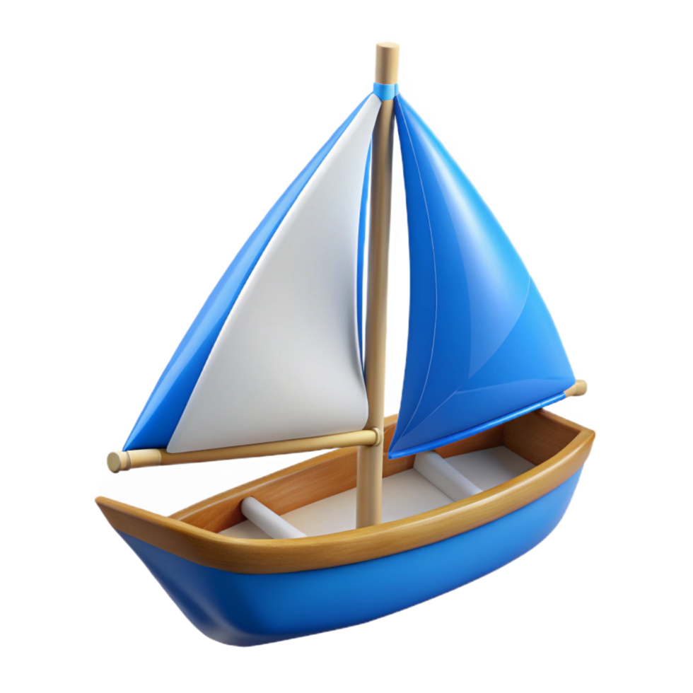 majestic dreamy nordic Blue sailboat, white sails, wooden hull, studio lighting, side view, product shot, isolateon transparent background,high-resolution product photography high quality png