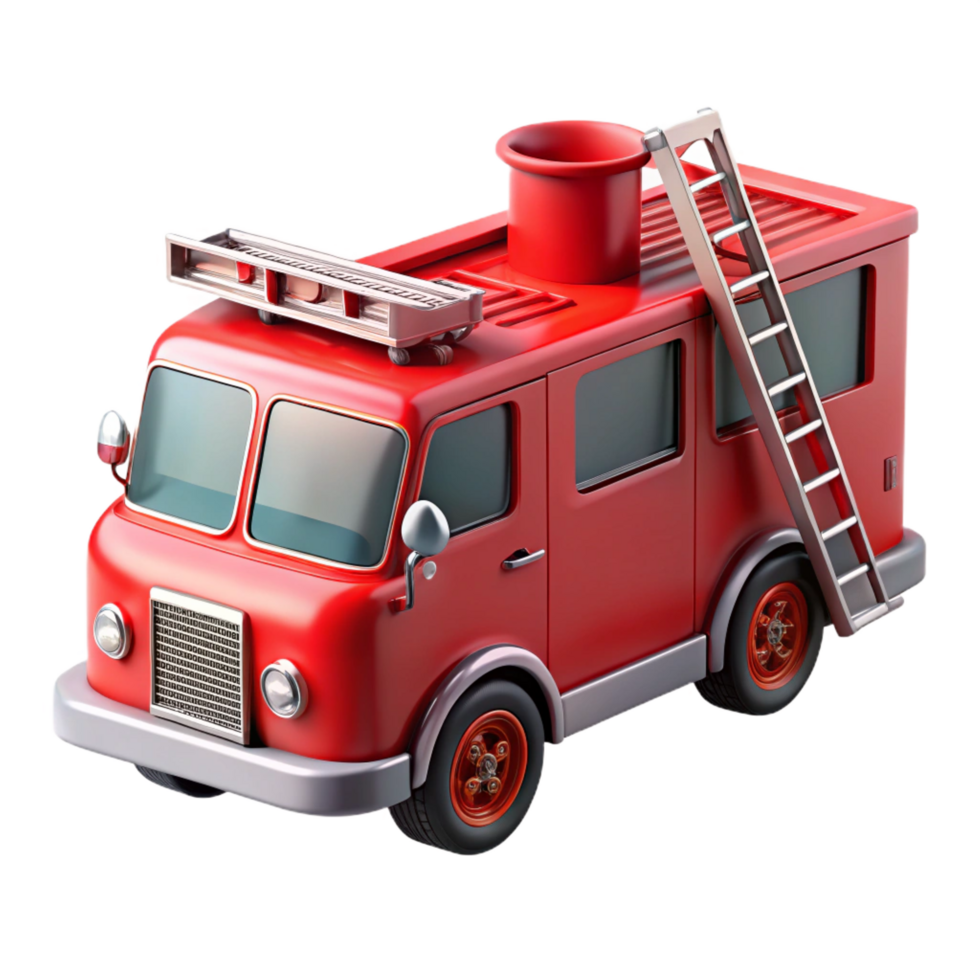 alluring urban Refiretruck, extendeladder, glossy finish, dramatic lighting, front view, product shot, isolateon transparent background,high-resolution product photography exclusive png