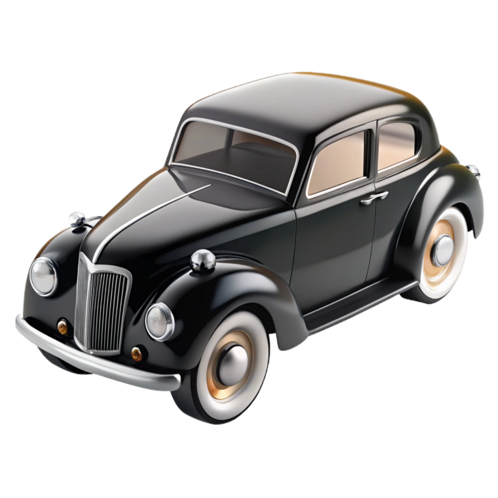 remarkable futuristic Black anwhite vintage car, spokewheels, glossy finish, dramatic lighting, product shot, with transparent background,high-resolution product photography artisan png
