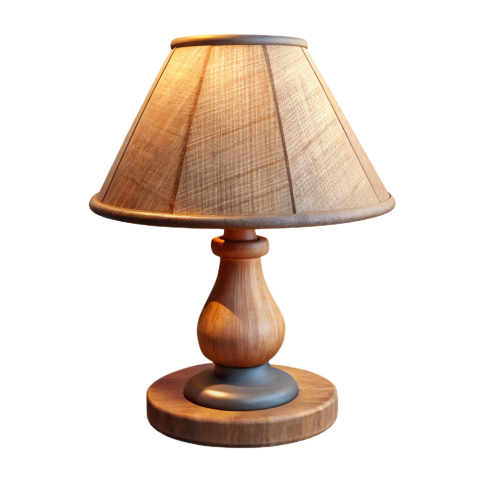 elegant dynamic urban Rustic wooden table lamp, carvebase, linen shade, warm soft lighting, product shot, isolateon transparent background,high-resolution product photography refined png