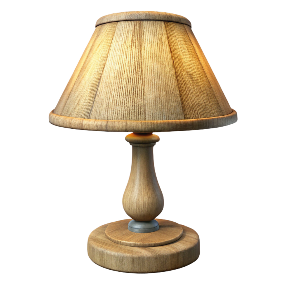 pristine quintessential Rustic wooden table lamp, carvebase, linen shade, warm soft lighting, product shot, isolateon transparent background,high-resolution product photography png