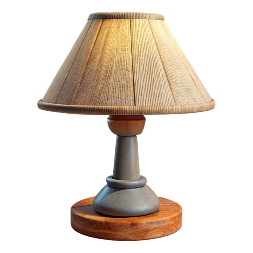vibrant playful classic Rustic wooden table lamp, carvebase, linen shade, warm soft lighting, product shot, isolateon transparent background,high-resolution product photography crisp png