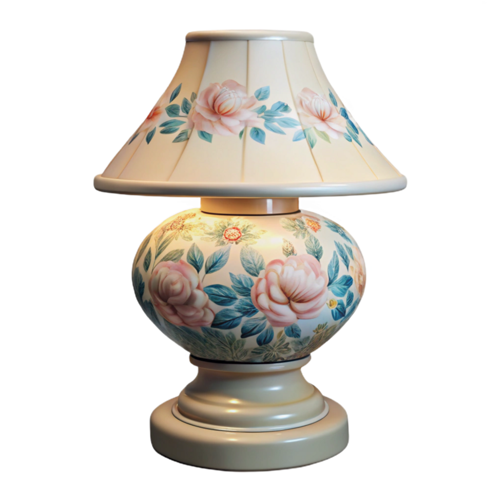 mysterious splendiCeramic table lamp, hand-paintefloral pattern, soft ambient lighting, front view, product shot, isolateon transparent background,high-resolution product photography high quality png