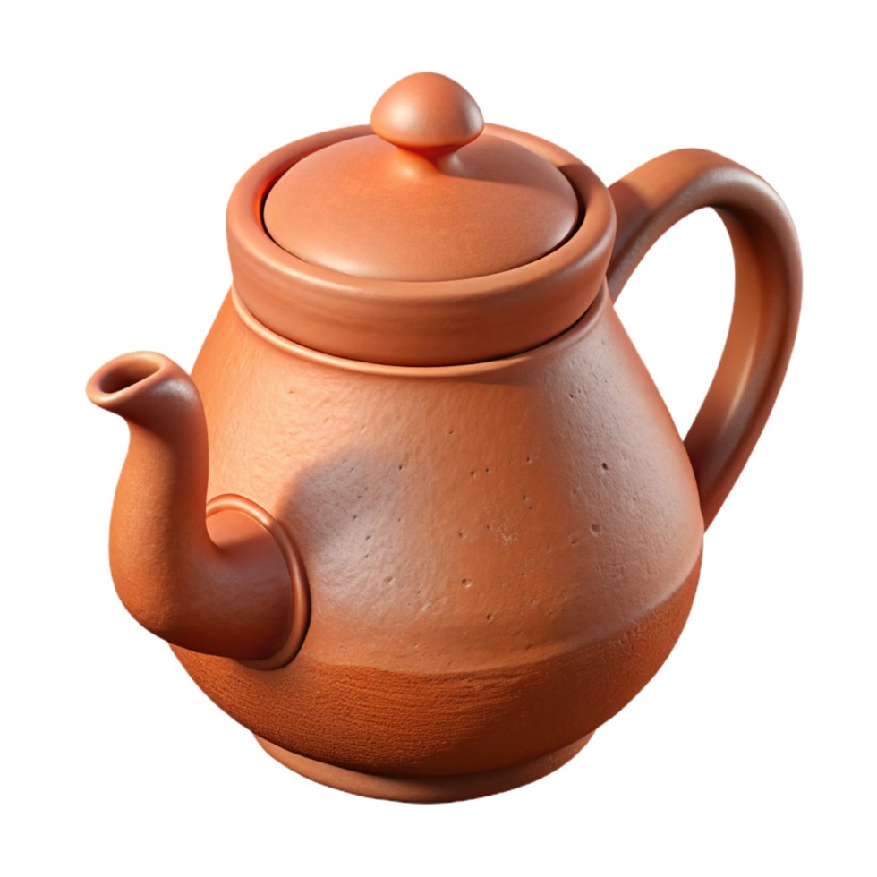 nostalgic gorgeous Clay teapot, rustic terracotta finish, handmade design, soft lighting, side view, product shot, isolateon transparent background,high-resolution product photography gallery standard png