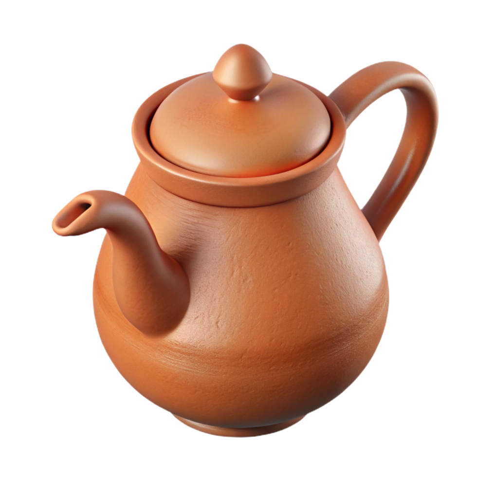 elegant creative Clay teapot, rustic terracotta finish, handmade design, soft lighting, side view, product shot, isolateon transparent background,high-resolution product photography 4K png