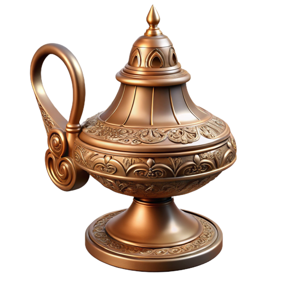 acclaimerenaissance Antique brass lamp, intricate carvings, patina finish, soft lighting, side view, detaileillustration, isolateon transparent background,high-resolution product photography 4K png