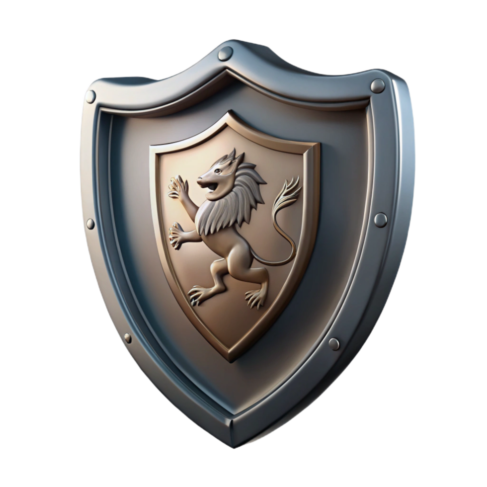 inspireartistic Shielcrest, lion rampant design, metallic finish, dramatic lighting, front view, detaileillustration, with transparent background,high-resolution product photography handcrafted png