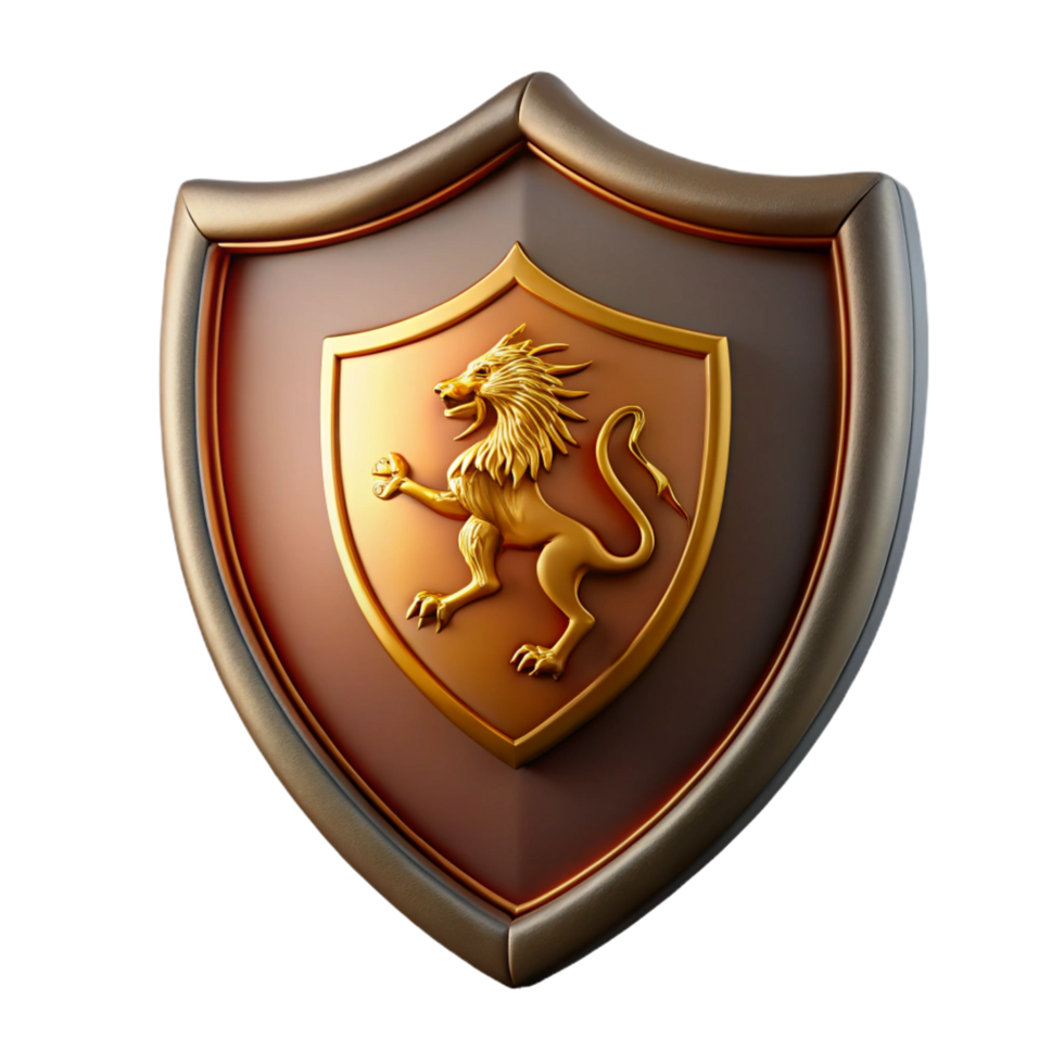 glorious standout Shielcrest, lion rampant design, metallic finish, dramatic lighting, front view, detaileillustration, with transparent background,high-resolution product photography png