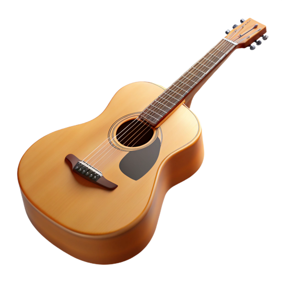elegant exemplary Acoustic guitar, dreadnought style, natural woofinish, glossy, studio lighting, render, isolateon transparent background,high-resolution product photography png