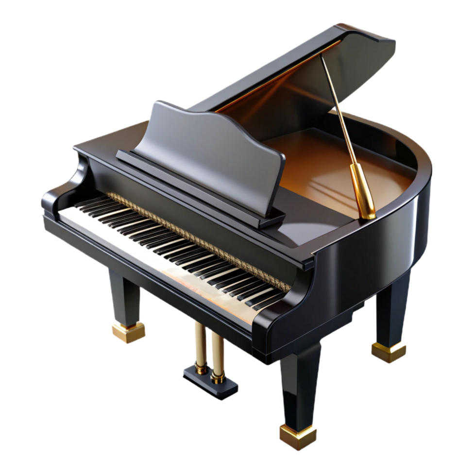 immaculate vintage Granpiano, ebony finish, high polish, dramatic lighting, side view, render, isolateon transparent background,high-resolution product photography luxury png