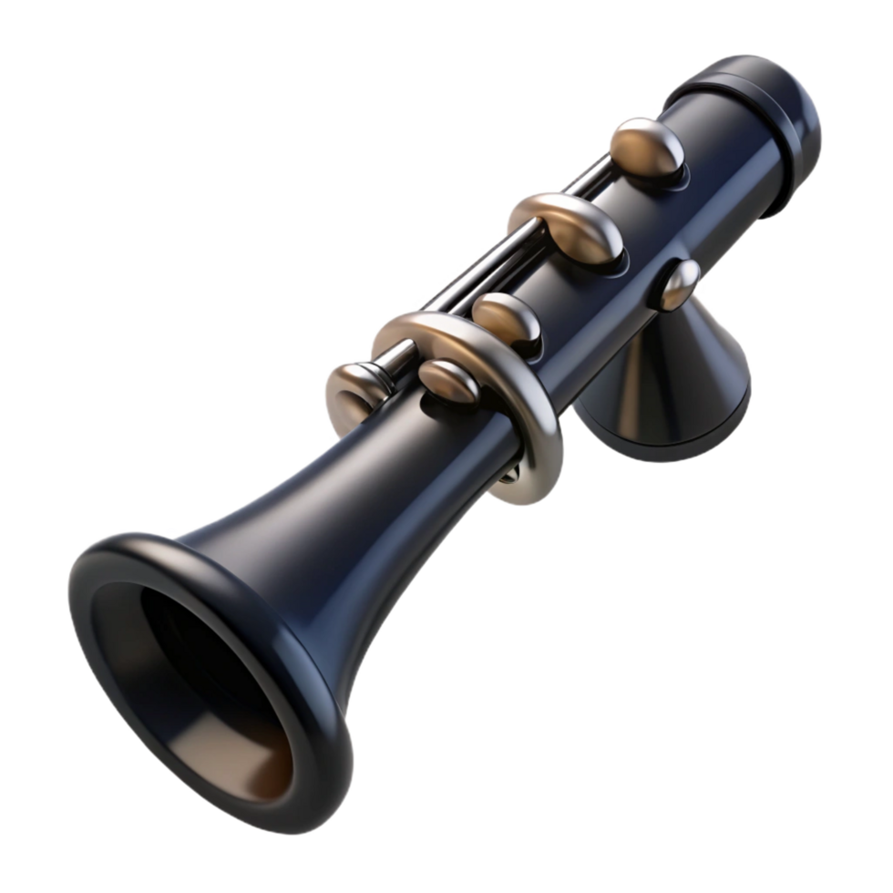 unforgettable mid-century Clarinet, black, glossy finish, dramatic lighting, front view, with reeattached, render, isolateon transparent background,high-resolution product photography expertly shot png