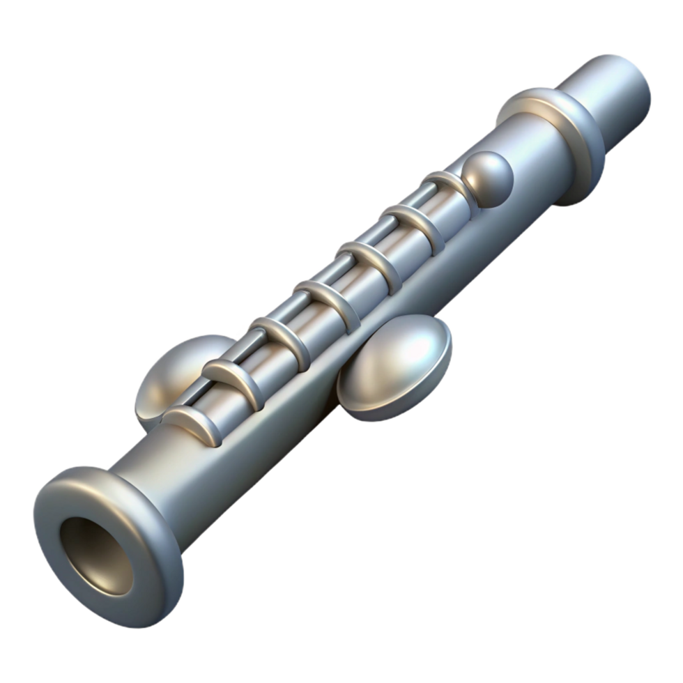 pristine vintage Flute, silver, matte finish, soft lighting, side view, with all keys, render, isolateon transparent background,high-resolution product photography detailed png