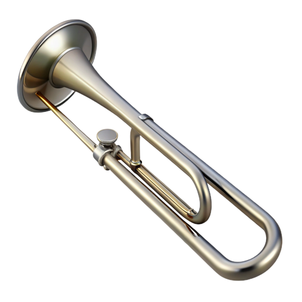 intense immaculate Trombone, silver, brushemetal finish, soft lighting, side view, with slide extended, render, isolateon transparent background,high-resolution product photography premium png