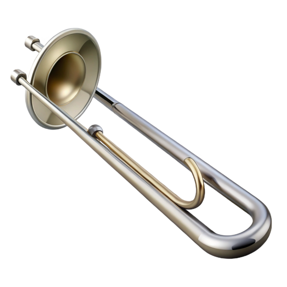 dramatic elegant Trombone, silver, brushemetal finish, soft lighting, side view, with slide extended, render, isolateon transparent background,high-resolution product photography 4K png
