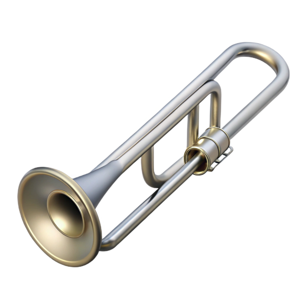 peaceful beautiful Trombone, silver, brushemetal finish, soft lighting, side view, with slide extended, render, isolateon transparent background,high-resolution product photography refined png