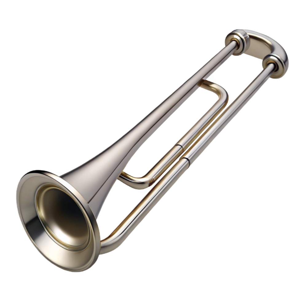 gorgeous romantic classic Trombone, silver, brushemetal finish, soft lighting, side view, with slide extended, render, isolateon transparent background,high-resolution product photography sharp png