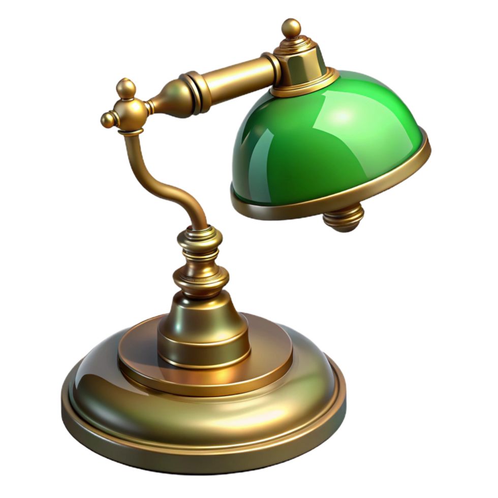 nostalgic magnificent Vintage brass desk lamp, ornate base, green glass shade, focusetask lighting, product shot, isolateon transparent background,high-resolution product photography museum quality png