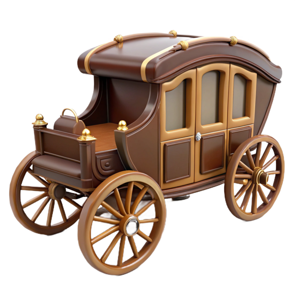 coveteurban Brown horse-drawn carriage, ornate details, wooden wheels, studio lighting, front view, product shot, with transparent background,high-resolution product photography premium png
