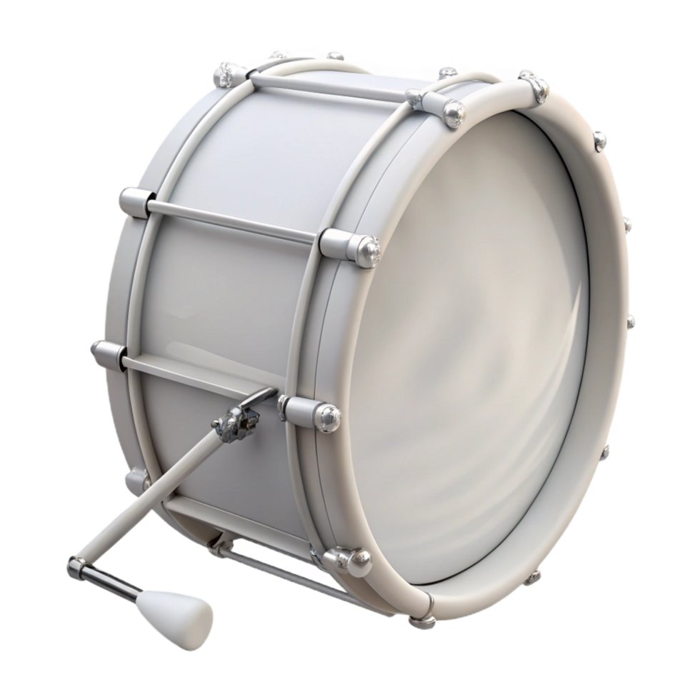 rare minimalist Bass drum, white, glossy finish, studio lighting, side view, with pedal, render, isolateon transparent background,high-resolution product photography refined png