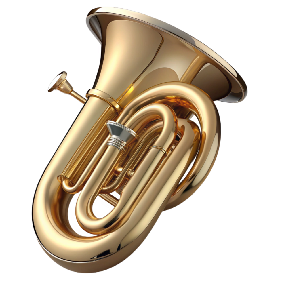 stunning iconic Tuba, brass, polished, dramatic lighting, front view, with valves visible, render, isolateon transparent background,high-resolution product photography png