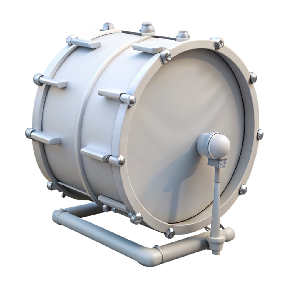 timeless vintage Bass drum, white, glossy finish, studio lighting, side view, with pedal, render, isolateon transparent background,high-resolution product photography ultra HD png