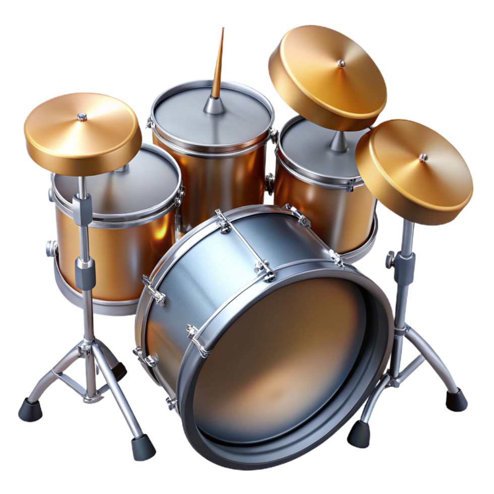 enchanting unforgettable Drums, full kit, metallic finishes, dramatic lighting, top-down view, render, isolateon transparent background,high-resolution product photography png