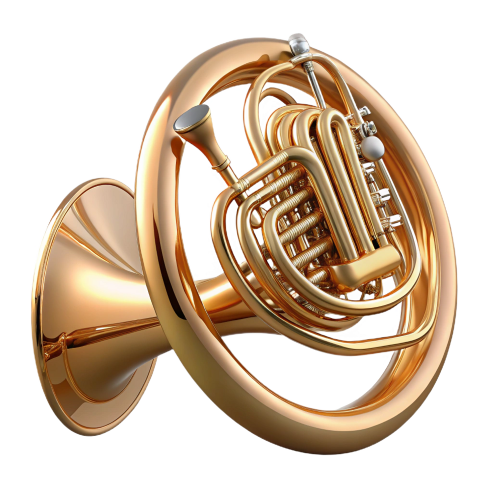 sumptuous minimalist French horn, brass, lacquerefinish, studio lighting, with rotary valves, render, isolateon transparent background,high-resolution product photography impeccable png