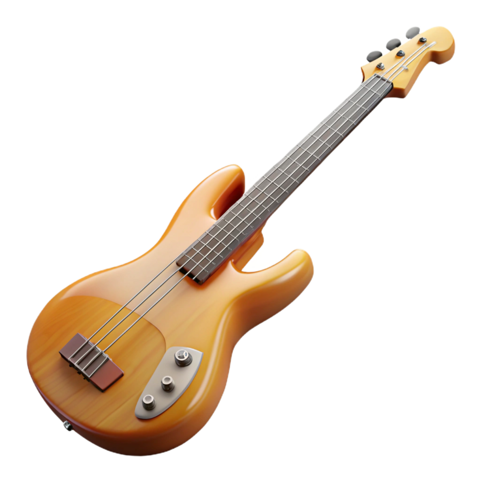 alluring retro Bass guitar, Precision style, natural woofinish, matte, soft lighting, front view, render, isolateon transparent background,high-resolution product photography genuine png