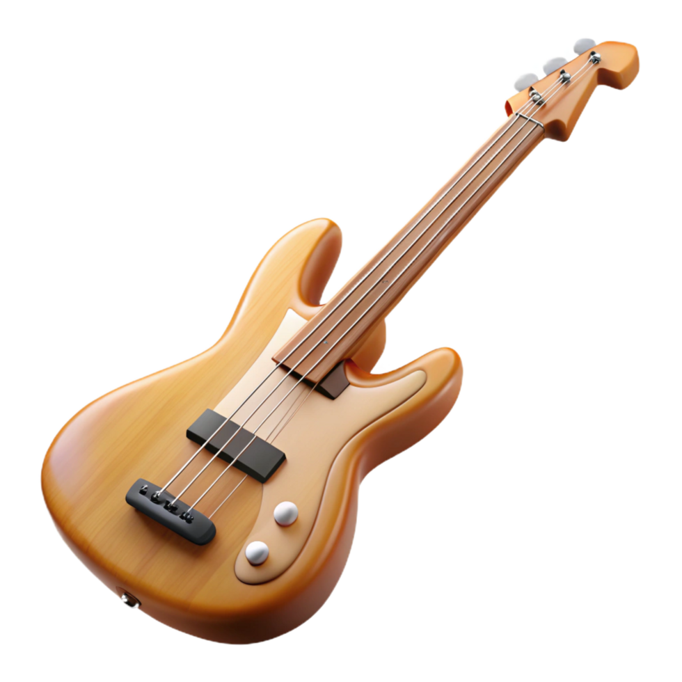 playful extraordinary Bass guitar, Precision style, natural woofinish, matte, soft lighting, front view, render, isolateon transparent background,high-resolution product photography perfect clarity png