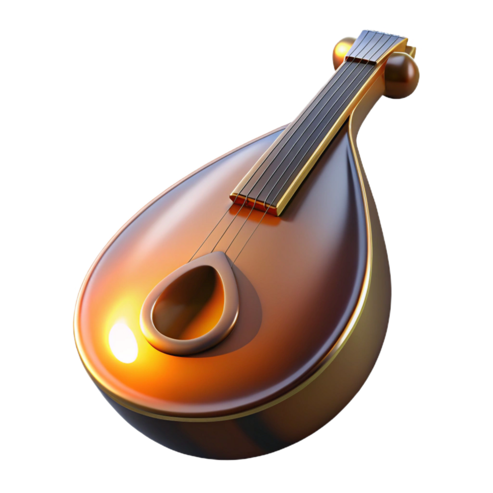 distinctive surreal Mandolin, teardrop shape, sunburst finish, glossy, dramatic lighting, front view, render, isolateon transparent background,high-resolution product photography original png