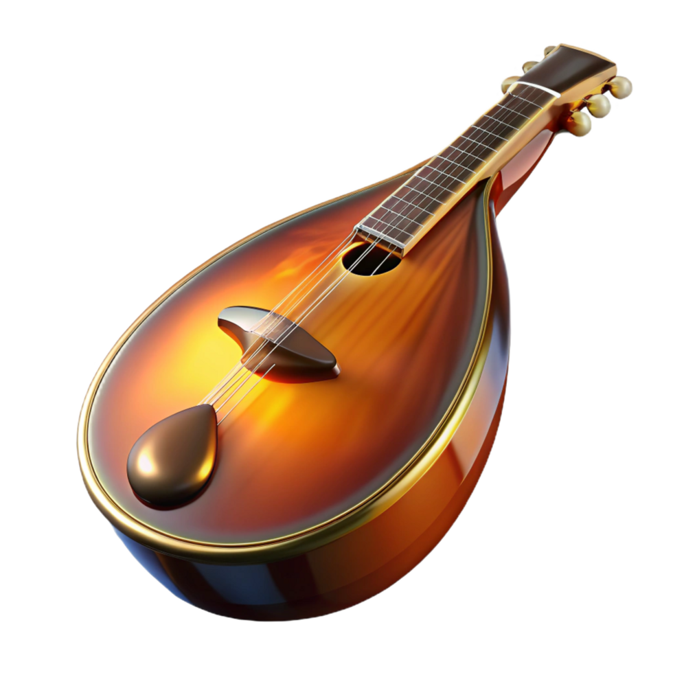 alluring victorian Mandolin, teardrop shape, sunburst finish, glossy, dramatic lighting, front view, render, isolateon transparent background,high-resolution product photography studio quality png