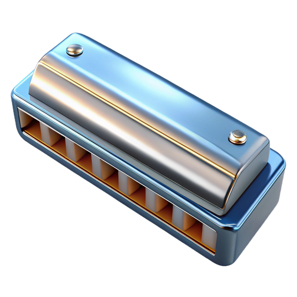 sought-after bohemian Harmonica, diatonic, chrome plated, studio lighting, top-down view, render, isolateon transparent background,high-resolution product photography museum quality png