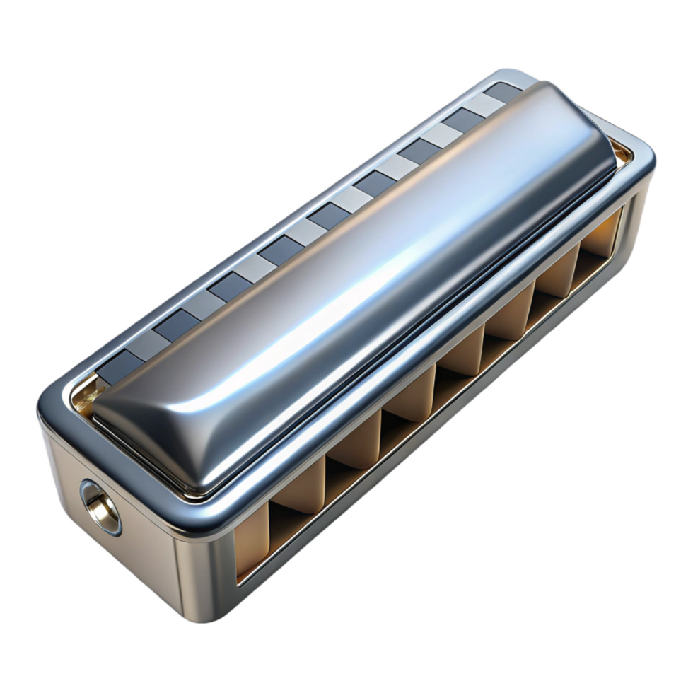 captivating ethereal industrial Harmonica, diatonic, chrome plated, studio lighting, top-down view, render, isolateon transparent background,high-resolution product photography high quality png