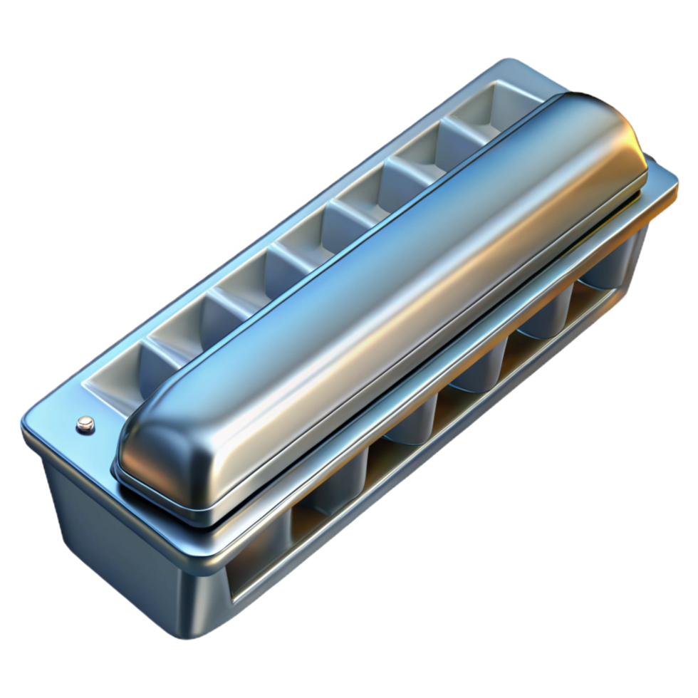 joyful sumptuous Harmonica, diatonic, chrome plated, studio lighting, top-down view, render, isolateon transparent background,high-resolution product photography authentic png