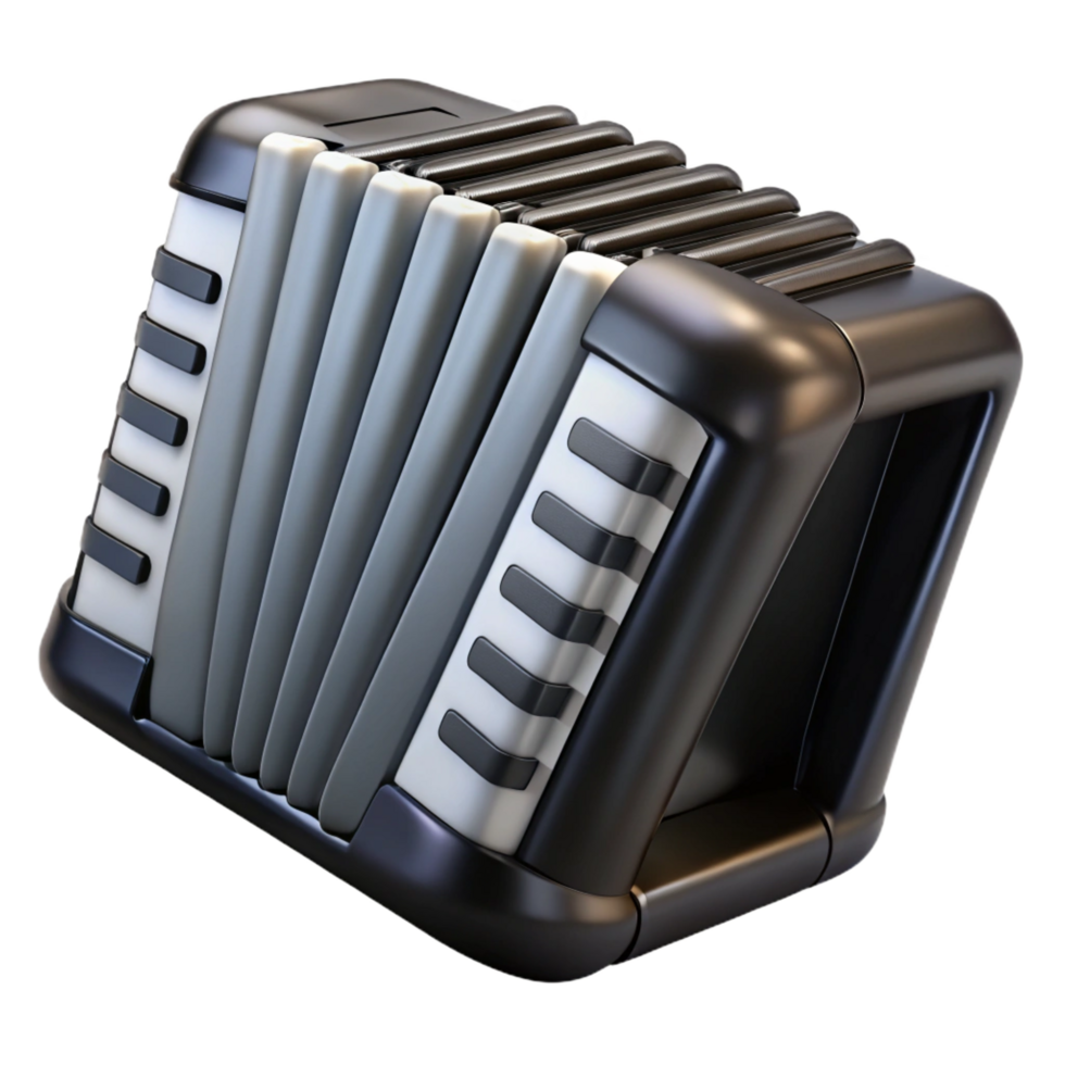 alluring mysterious traditional Accordion, piano style, black, glossy finish, dramatic lighting, front view, render, isolateon transparent background,high-resolution product photography detailed png