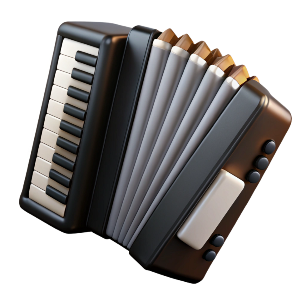 extraordinary energetic geometric Accordion, piano style, black, glossy finish, dramatic lighting, front view, render, isolateon transparent background,high-resolution product photography ultra HD png