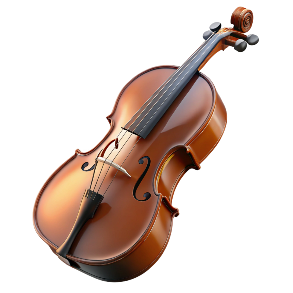 alluring exceptional Cello, brown woofinish, glossy, dramatic lighting, side view, with bow, render, isolateon transparent background,high-resolution product photography png