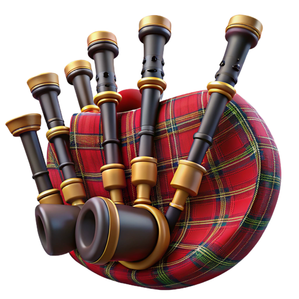 reflective exquisite Bagpipes, full set, tartan fabric, studio lighting, front view, render, isolateon transparent background,high-resolution product photography masterfully captured png