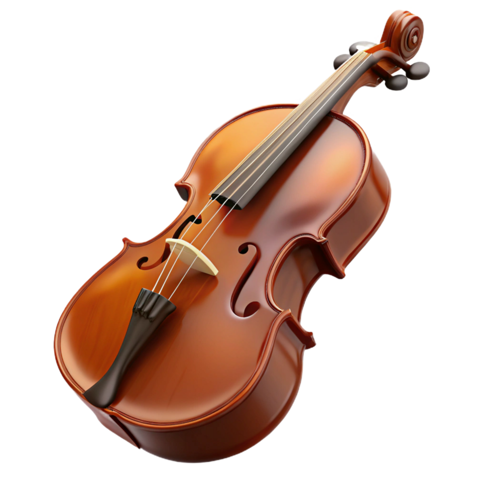 enchanting bohemian Cello, brown woofinish, glossy, dramatic lighting, side view, with bow, render, isolateon transparent background,high-resolution product photography precision png