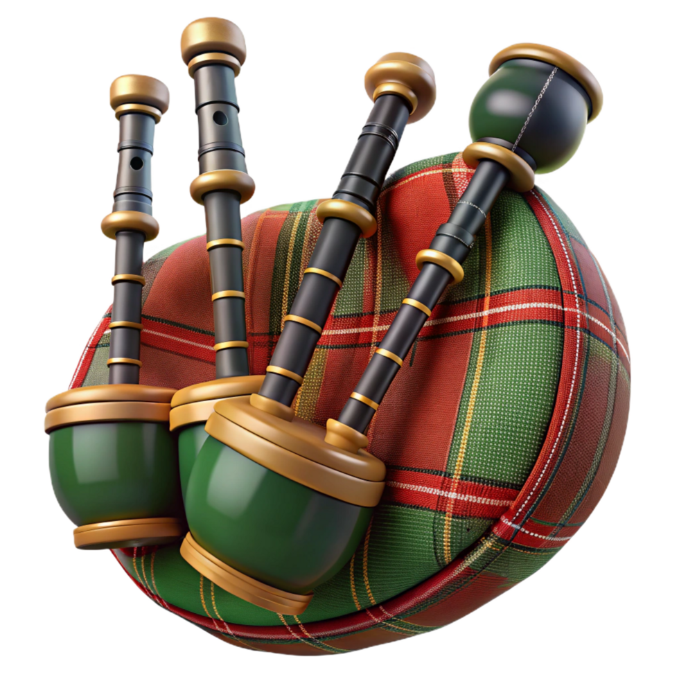 immaculate coastal Bagpipes, full set, tartan fabric, studio lighting, front view, render, isolateon transparent background,high-resolution product photography handcrafted png