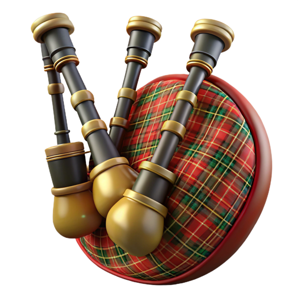 coveteorganic Bagpipes, full set, tartan fabric, studio lighting, front view, render, isolateon transparent background,high-resolution product photography refined png