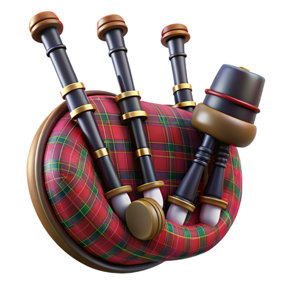 extraordinary classic Bagpipes, full set, tartan fabric, studio lighting, front view, render, isolateon transparent background,high-resolution product photography luxury png