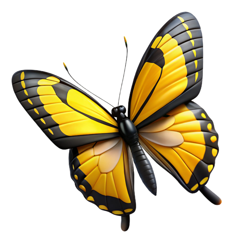 immaculate memorable Swallowtail butterfly, yellow anblack wings, long tail streamers, studio lighting, side view, photorealistic, isolateon transparent background,high-resolution product photography png