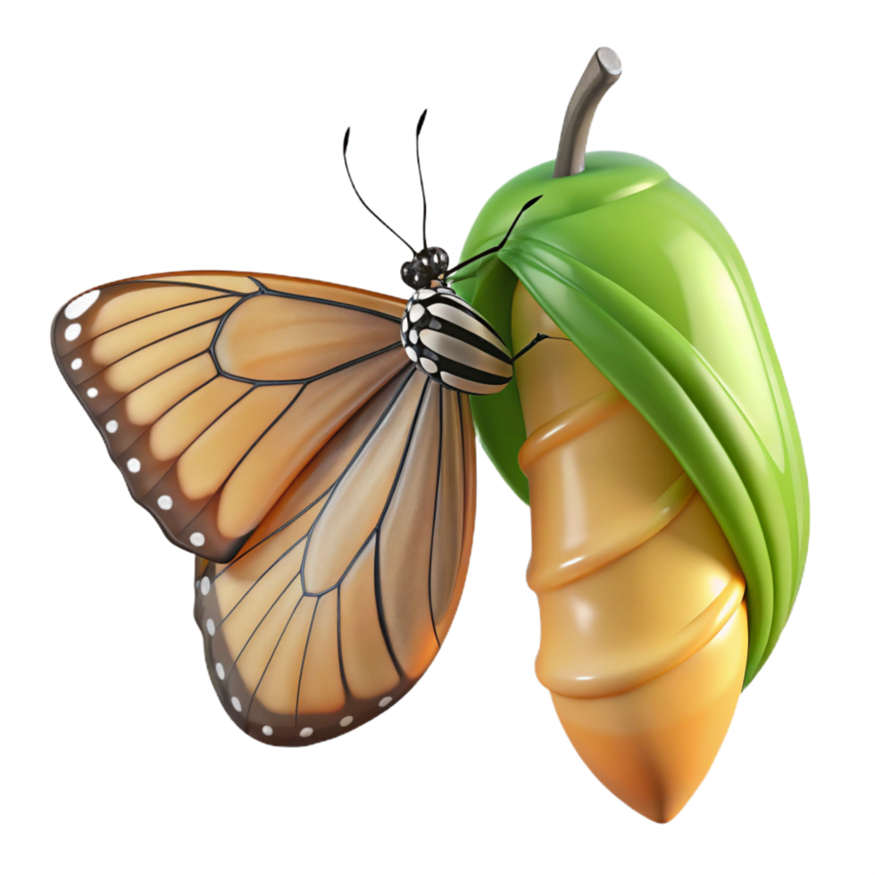 magnificent iconic Butterfly emerging from chrysalis, partially unfoldewings, studio lighting, front view, photorealistic, isolateon transparent background,high-resolution product photography png