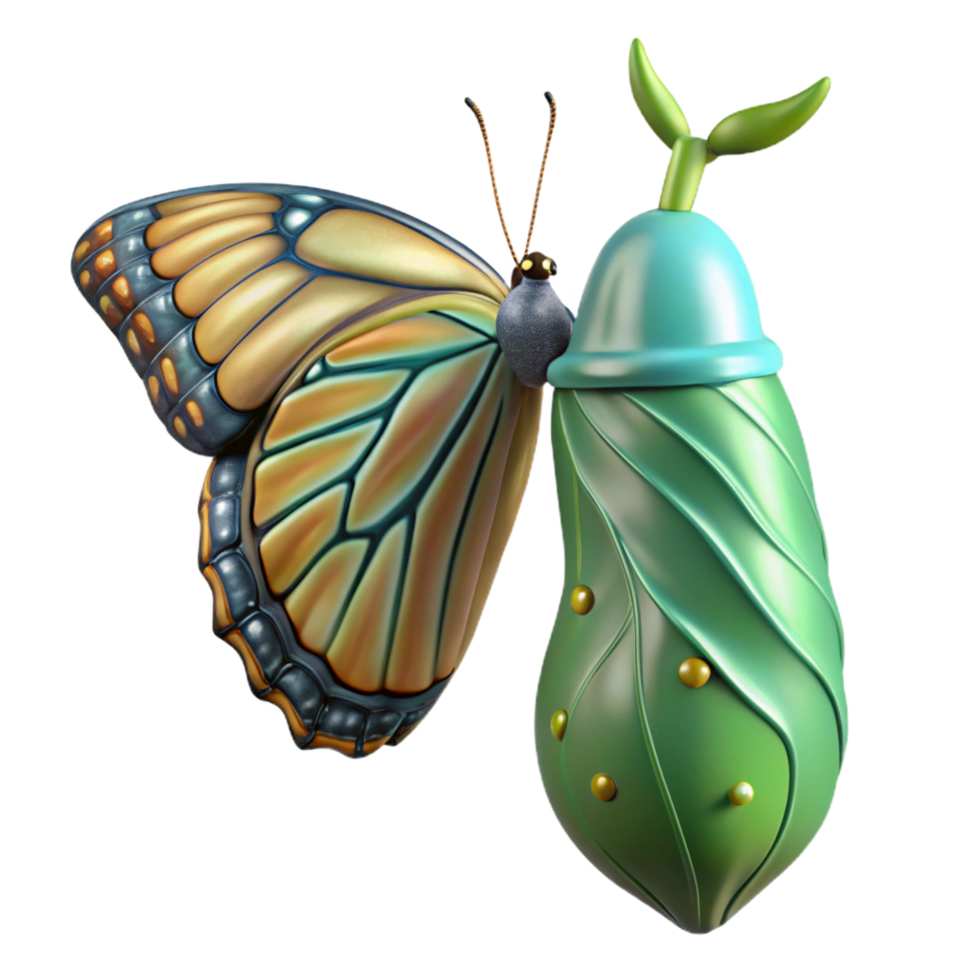 bolbeautiful Butterfly emerging from chrysalis, partially unfoldewings, studio lighting, front view, photorealistic, isolateon transparent background,high-resolution product photography crisp png
