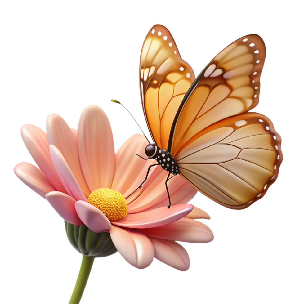 nostalgic sumptuous Butterfly, feeding on a flower flower removein post, soft lighting, side view, photorealistic, isolateon transparent background,high-resolution product photography detailed png