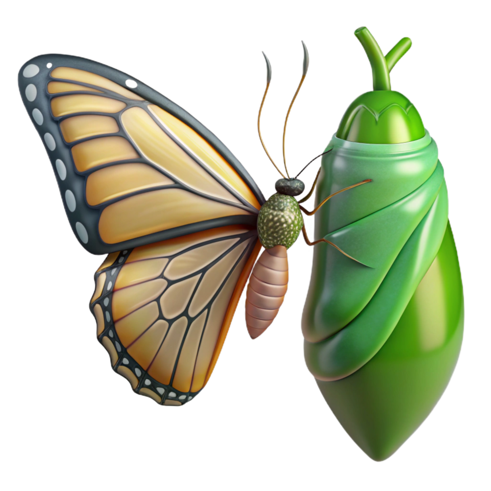 notable tropical Butterfly emerging from chrysalis, partially unfoldewings, studio lighting, front view, photorealistic, isolateon transparent background,high-resolution product photography impeccable png